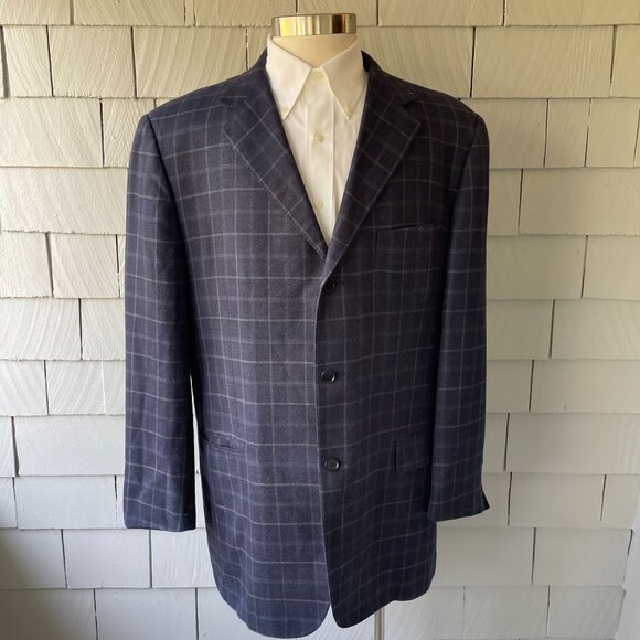 Faconnable Blue & White Plaid Wool Silk Linen 3-Button Mens Blazer Size 48 - Picture 2 of 10